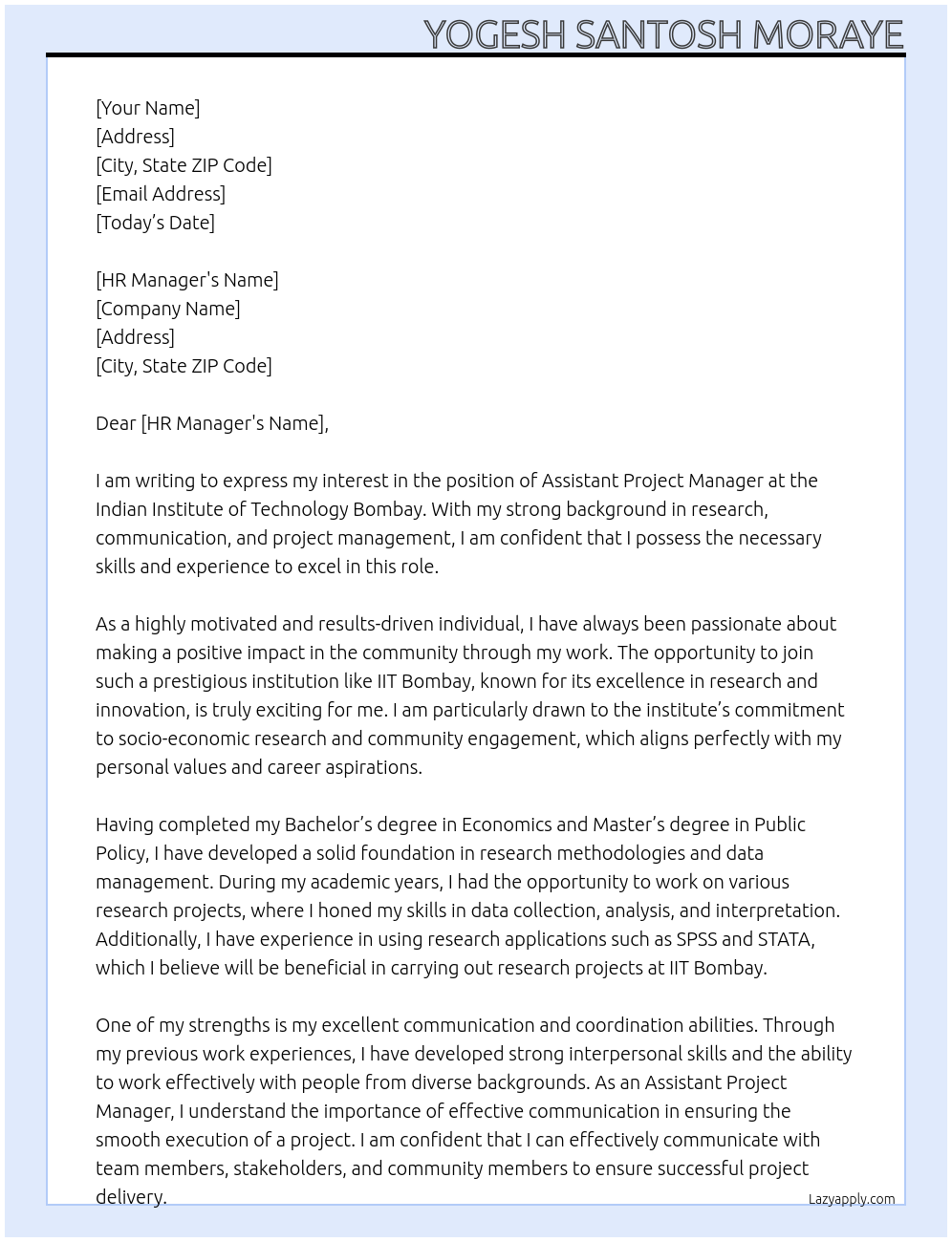 Assistant Project Manager At INDIAN INSTITUTE OF TECHNOLOGY BOMBAY Cover Letter