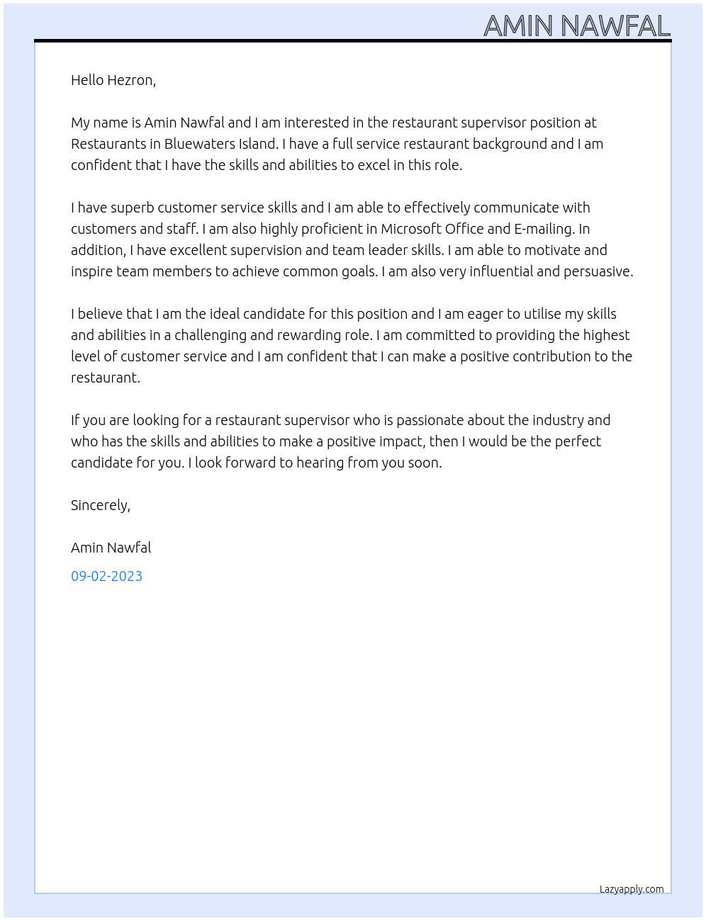 Restaurant supervisor At Restaurants in Bluewaters Island  Cover Letter