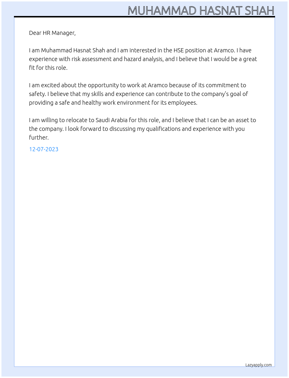 HSE At Aramco Cover Letter