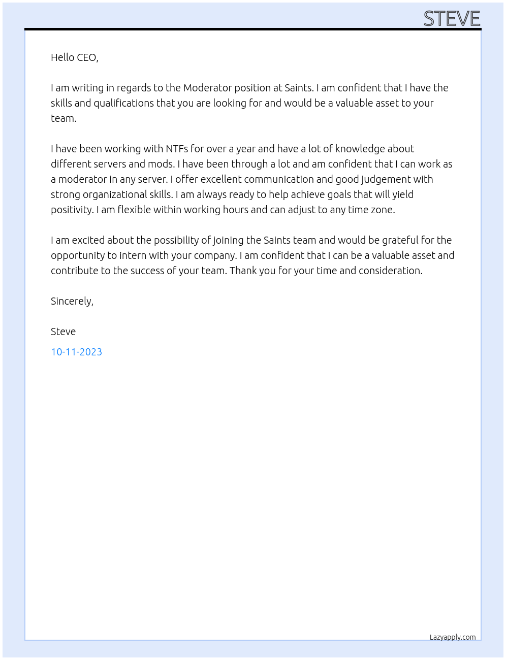 Moderator  At Saints Cover Letter