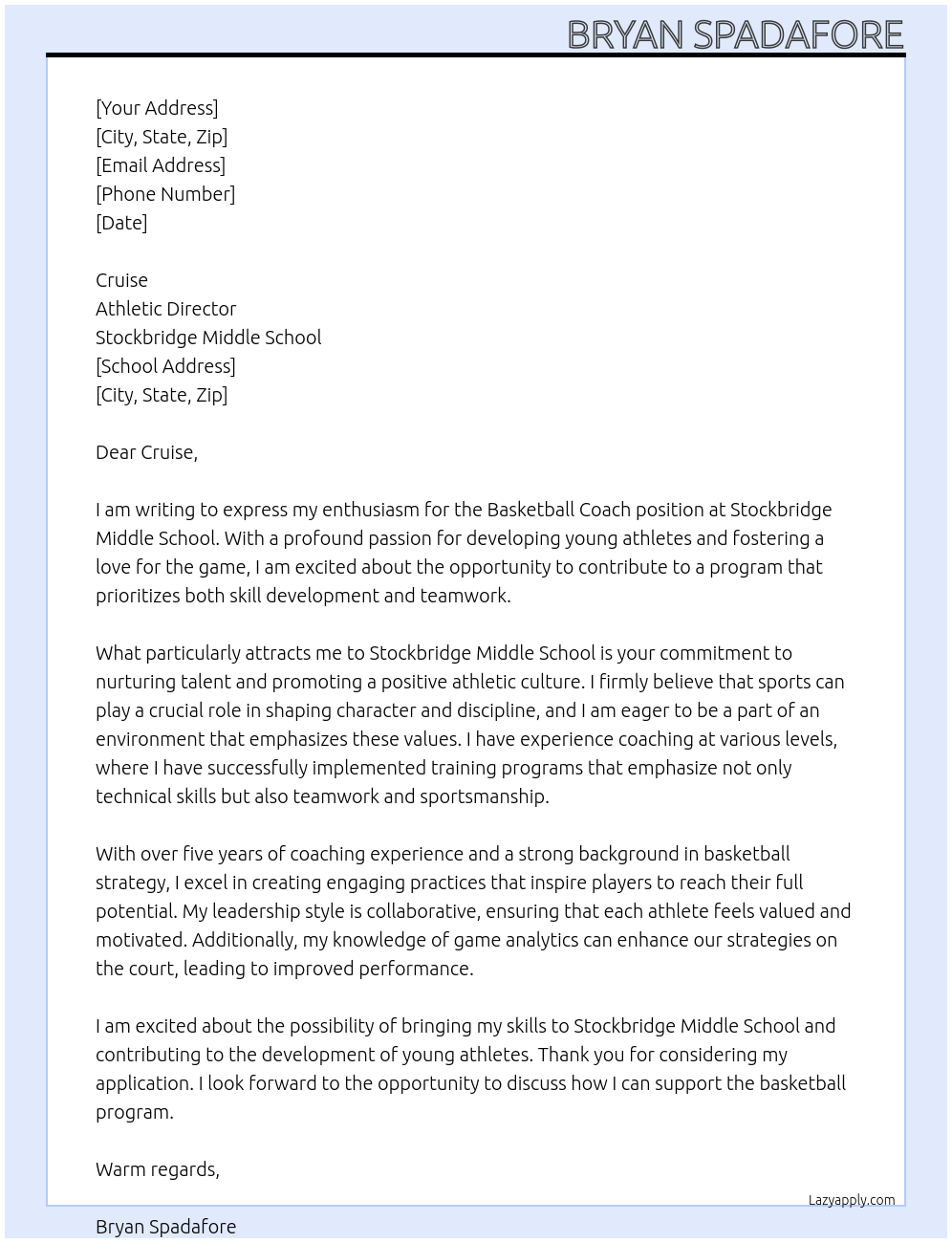 Basketball Coach At Stockbridge Middle School Cover Letter
