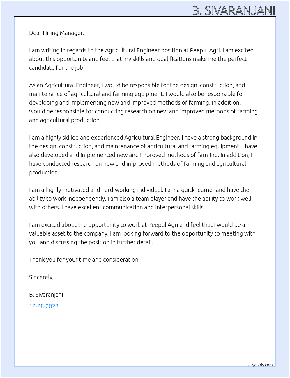 Agricultural Engineer At Peepul Agri Cover Letter