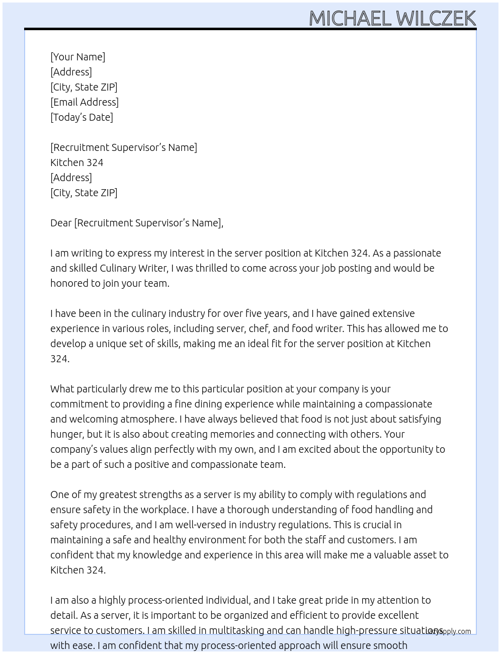 server At Kitchen 324 Cover Letter
