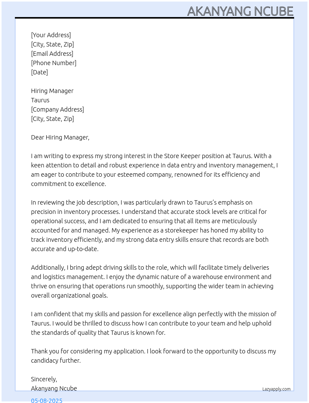 Store keeper At Taurus Cover Letter