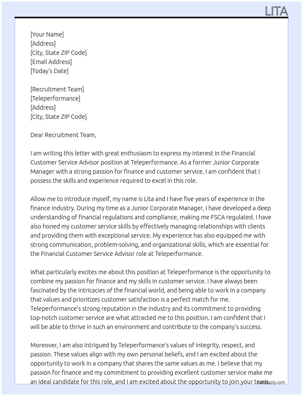 Financial Customer Service Advisor At Teleperformance Cover Letter