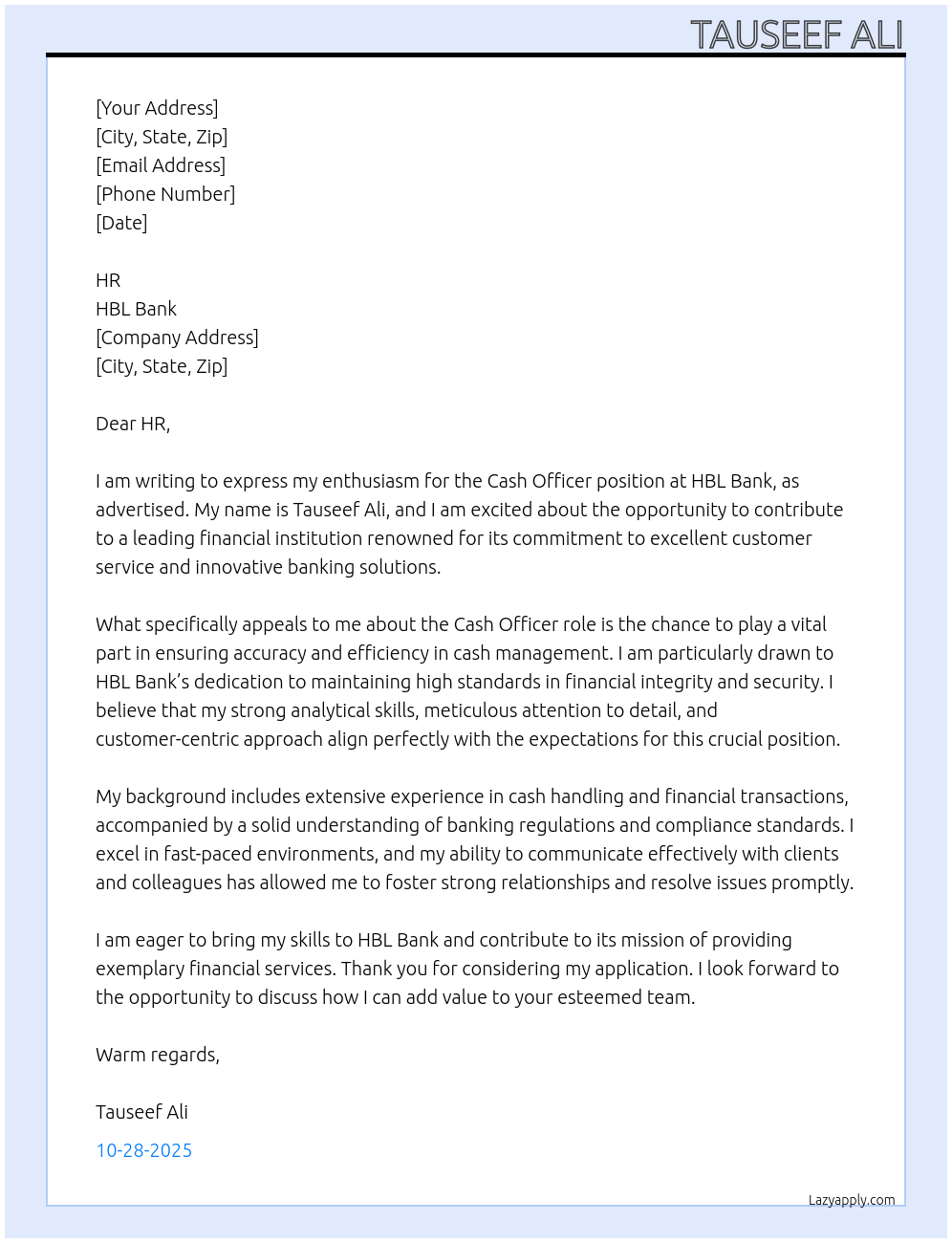 Cash officer At HBL Bank Cover Letter