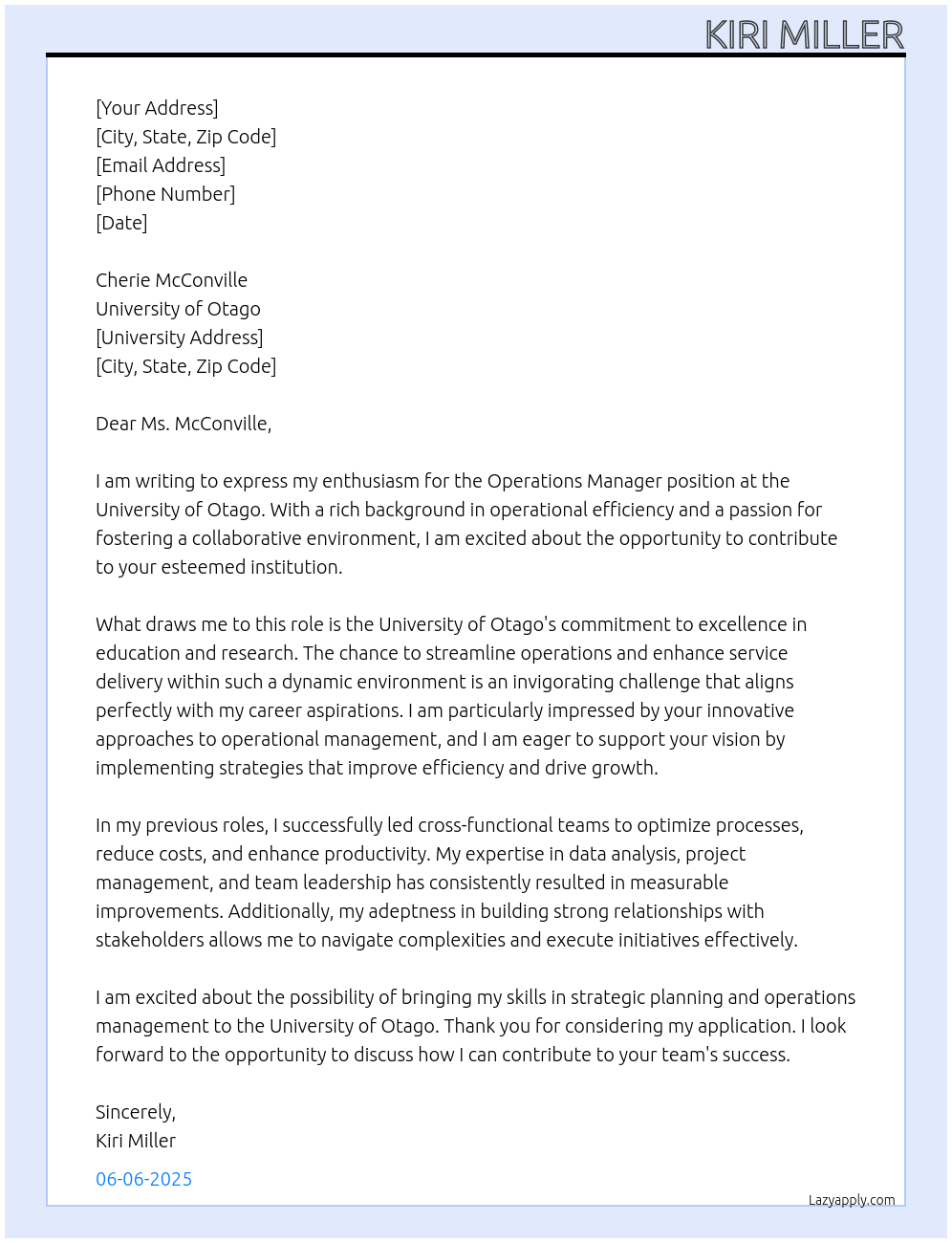 Operations Manager At University of Otago Cover Letter