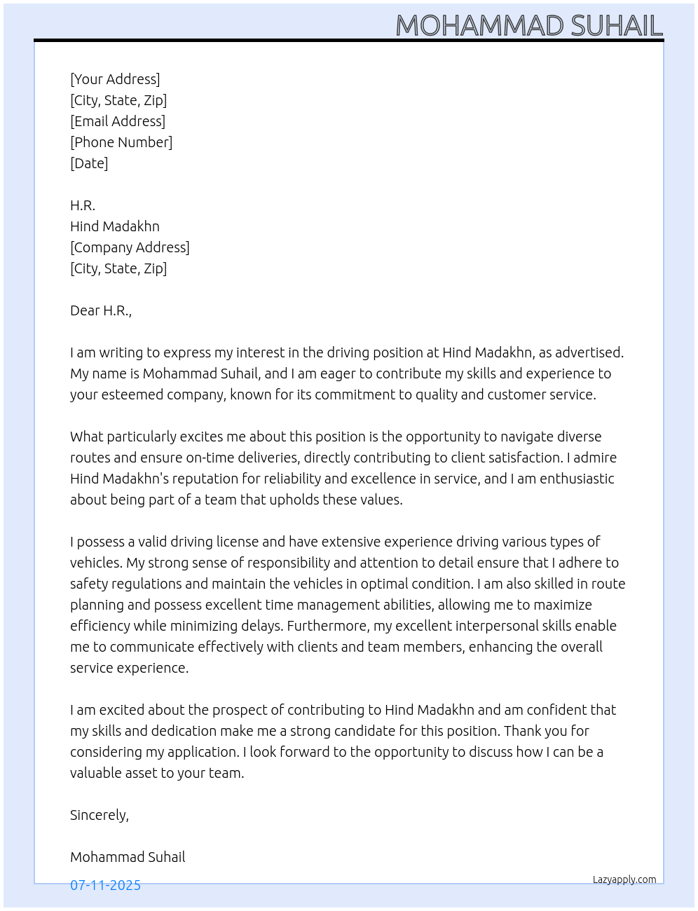 Driving At Hind madakhn Cover Letter