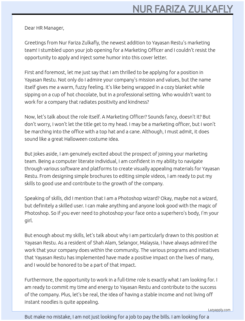 Marketing Officer At Yayasan Restu Cover Letter