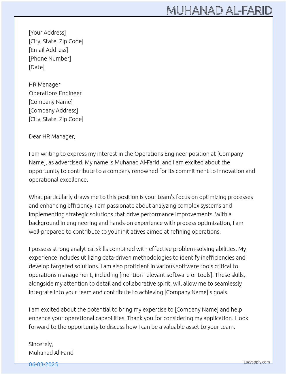 Cover letter for operations engineer - LazyApply