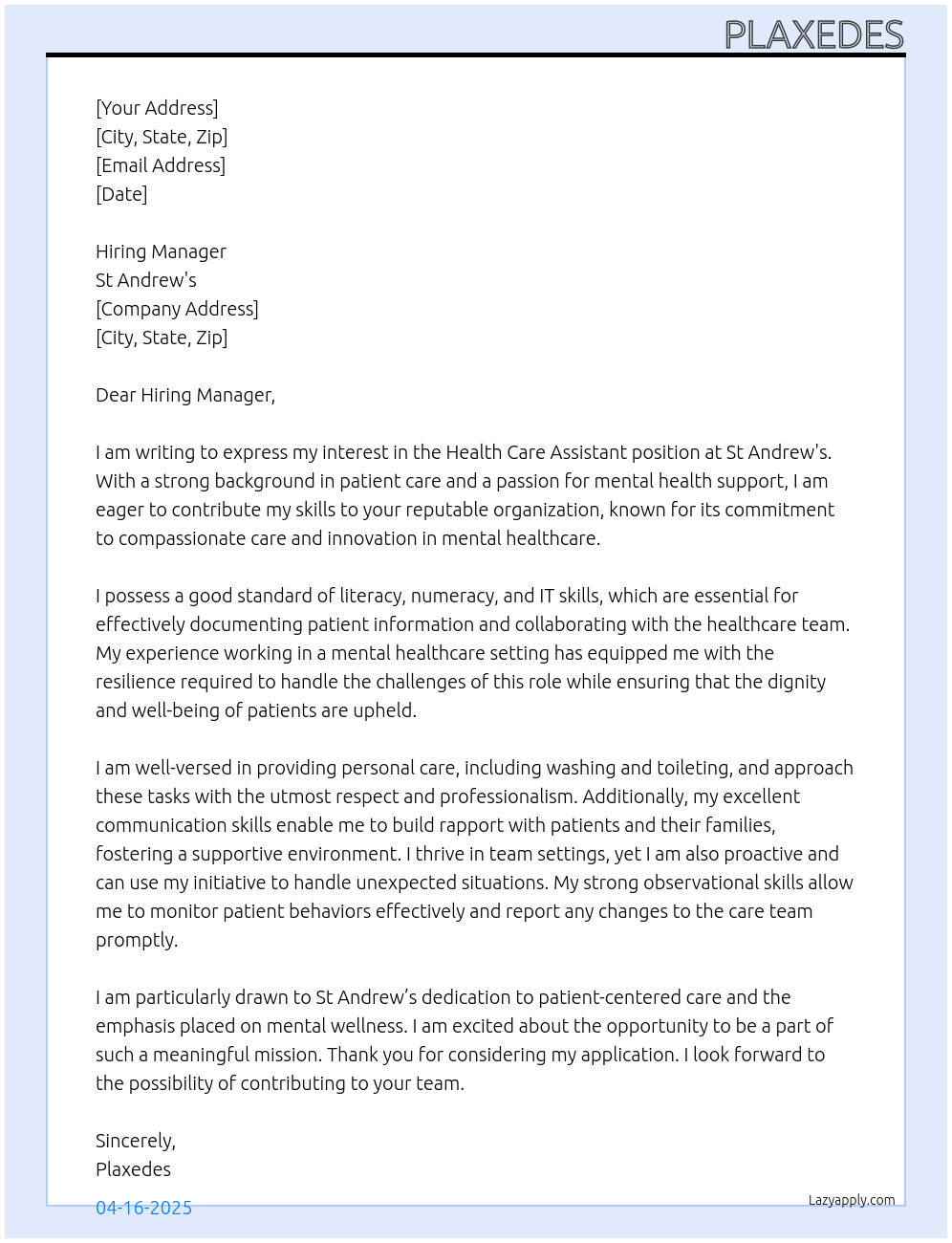 health care assistant At St Andrew's Cover Letter