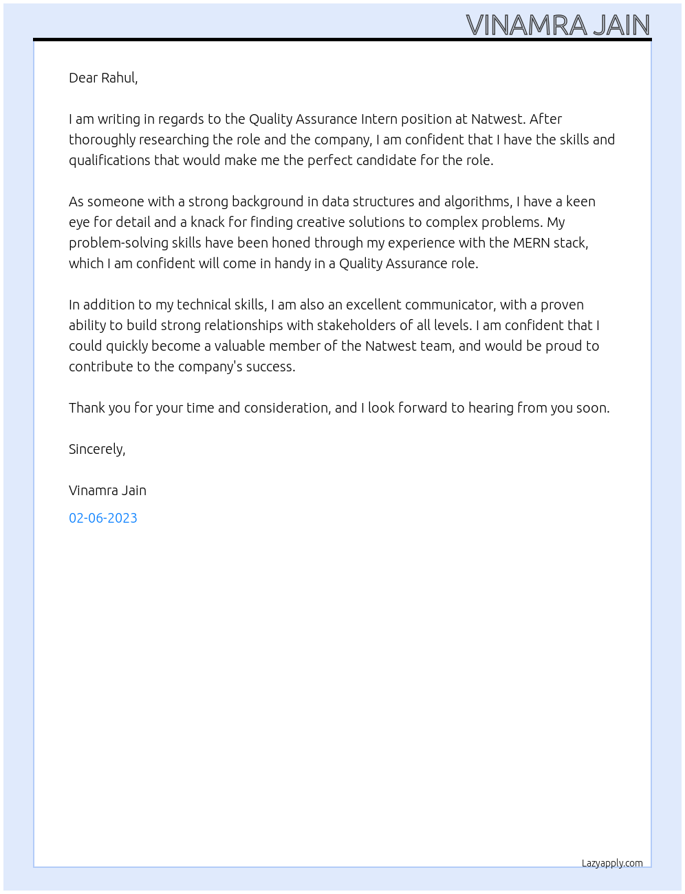 Cover Letter For Natwest LazyApply