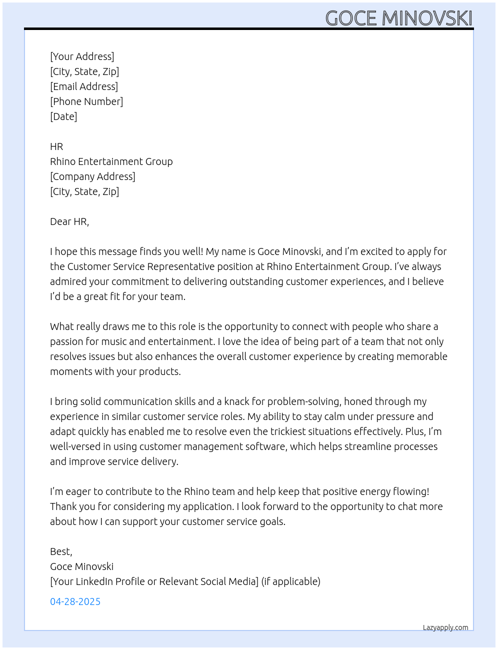 Customer service representative At Rhino Entertainment Group Cover Letter