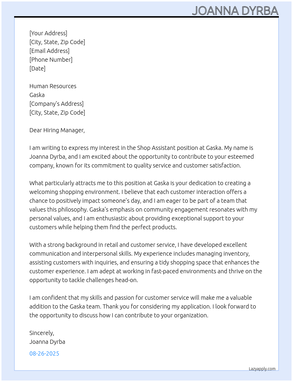 shop assistant At gaska Cover Letter