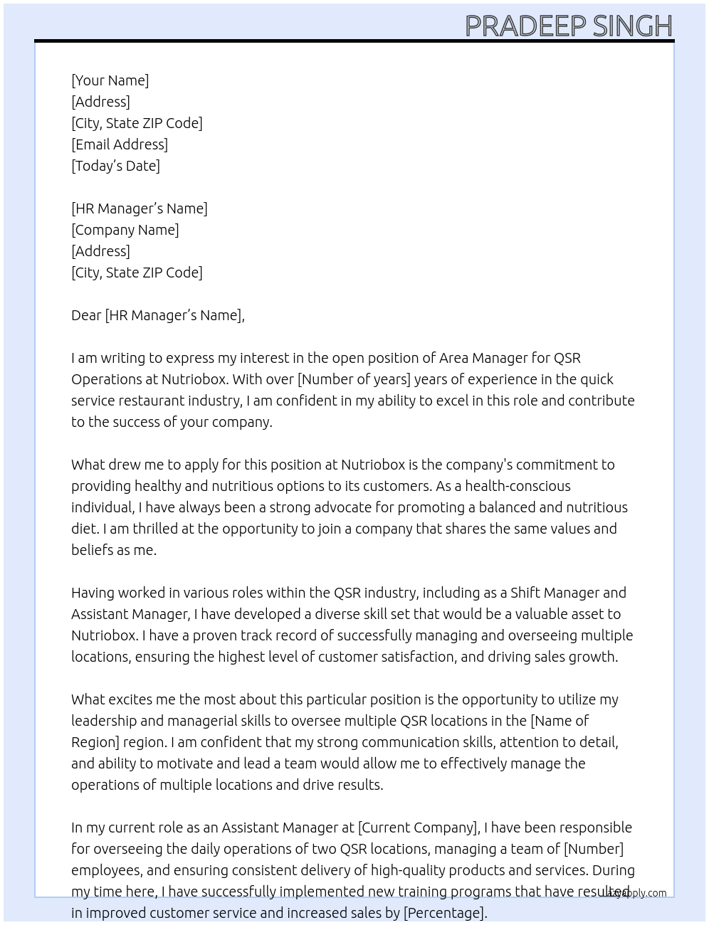 Area  Manager - QSR  Operation At Nutriobox Cover Letter