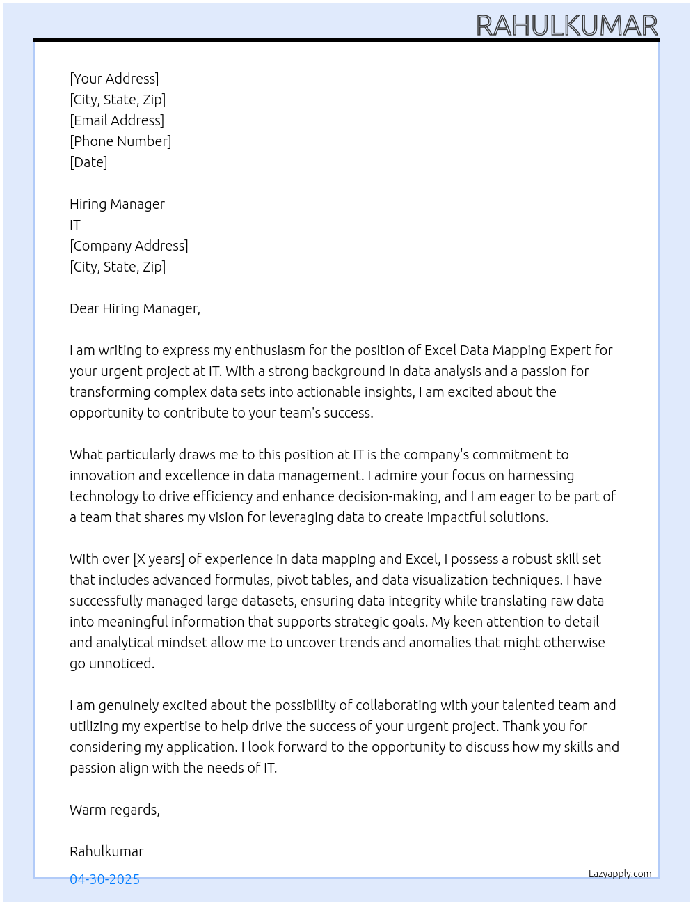 Excel Data Mapping Expert Needed for Urgent Project At IT Cover Letter