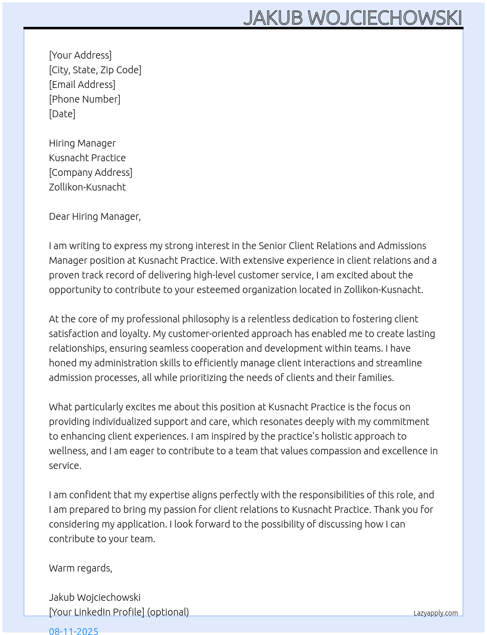 Cover letter for senior client relations and admissions manager - LazyApply