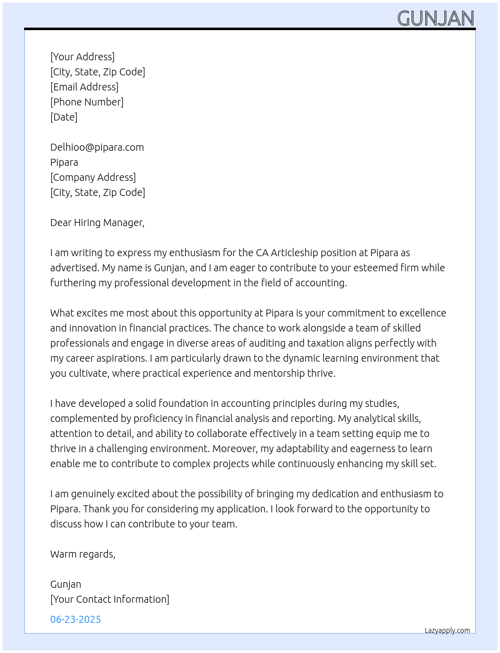 ca articleship At pipara Cover Letter