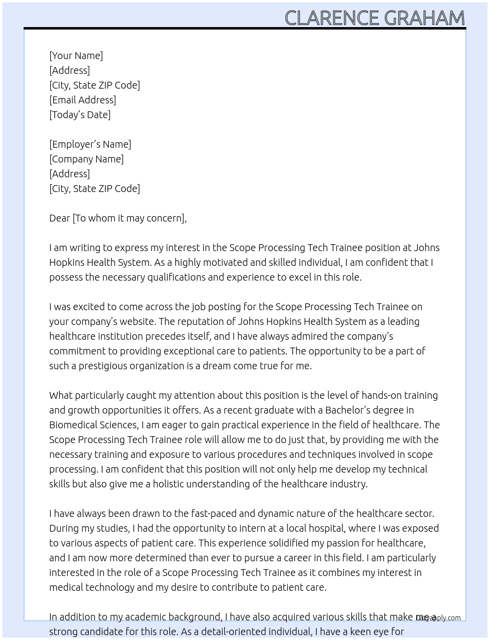 Scope Processing Tech Trainee At Johns Hopkins Health System Recruitment Team Cover Letter