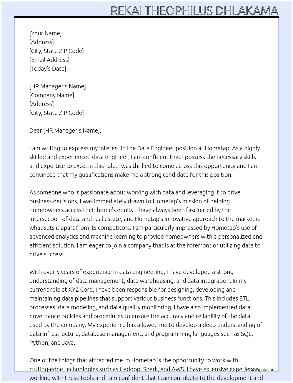 Data Engineer At Hometap Cover Letter