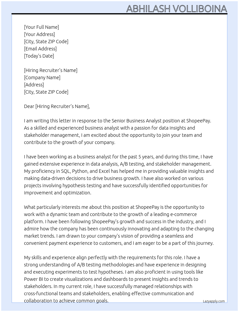 Cover letter for Senior Business Analyst - LazyApply