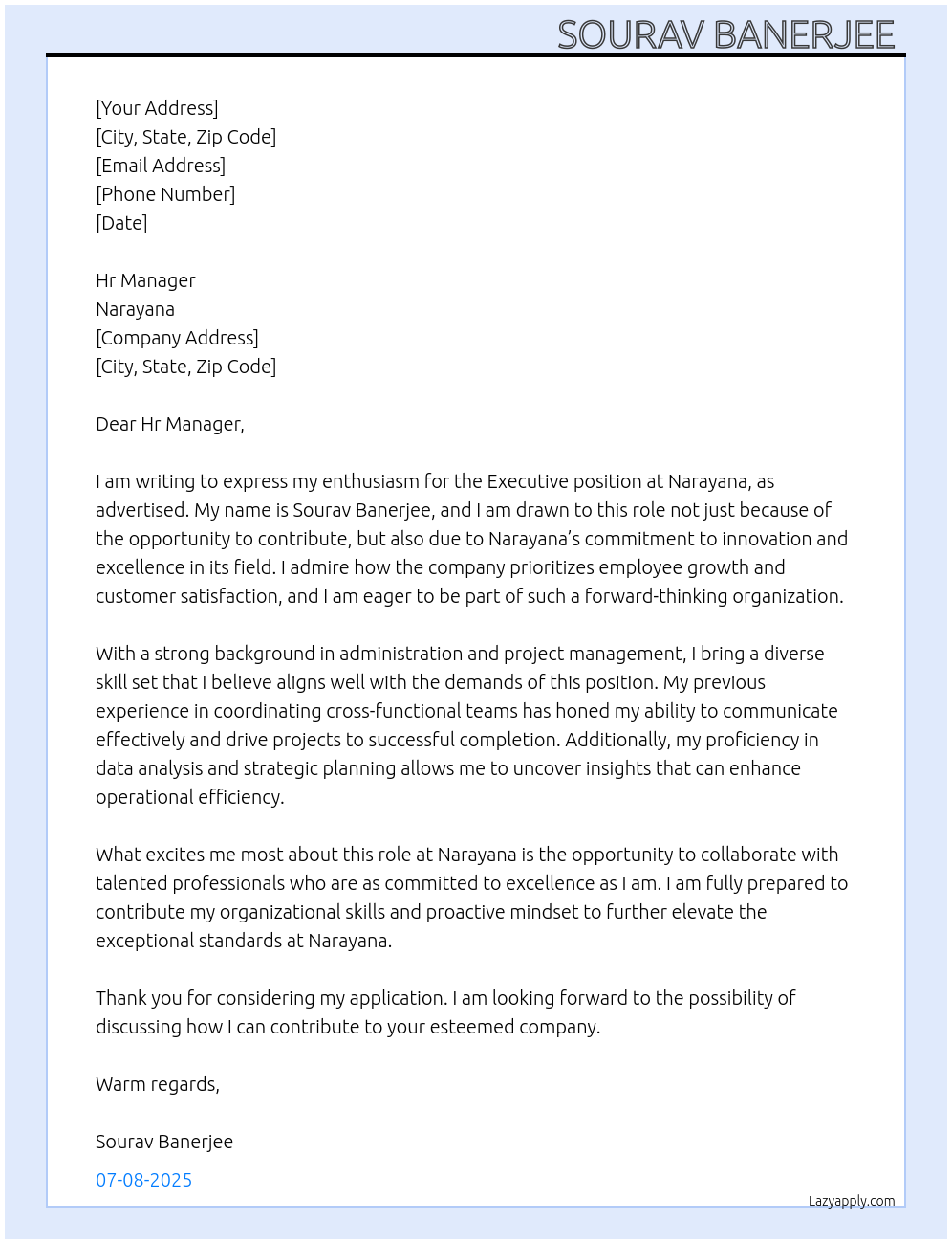 Executive At Narayana Cover Letter