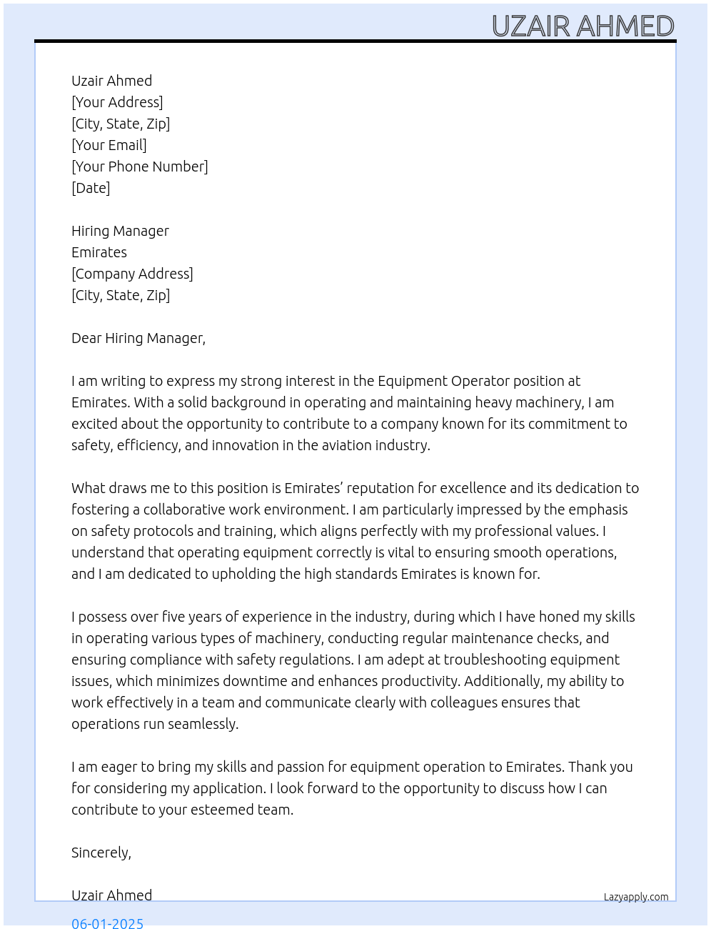 Equipment Operator At emirates Cover Letter