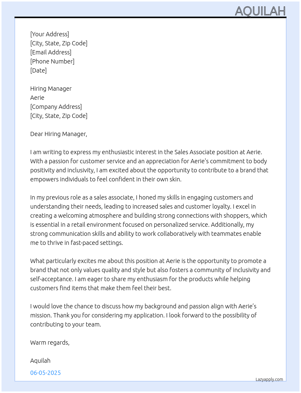 Sales associate At Aerie Cover Letter