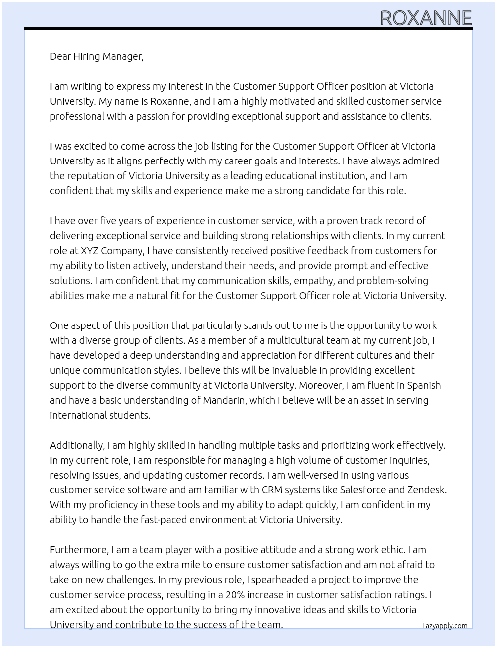 Customer Support Officer At Victoria University Cover Letter