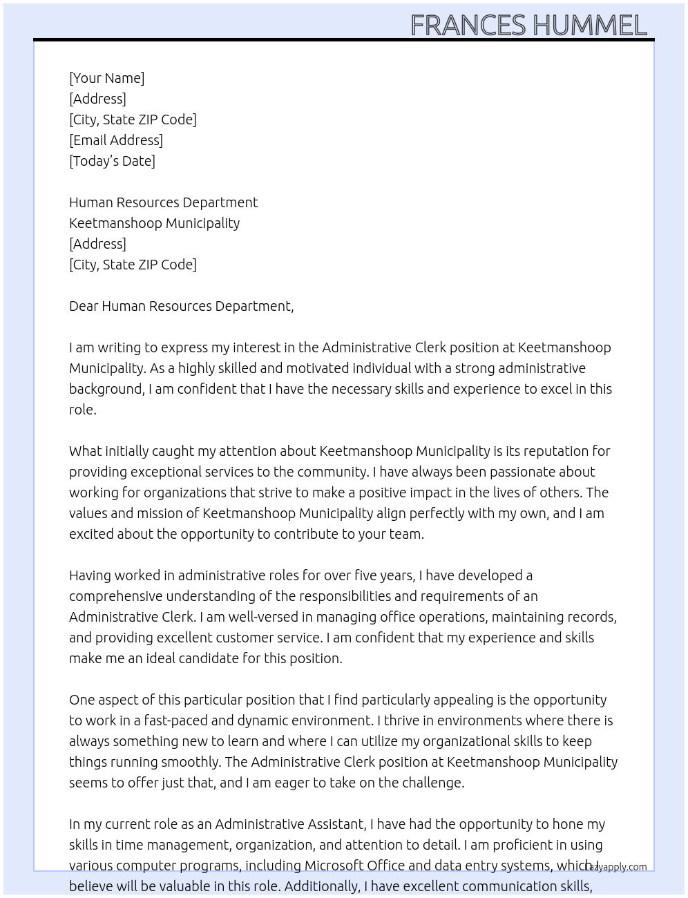 Administrative Clerk At Keetmanshoop Municipality Cover Letter