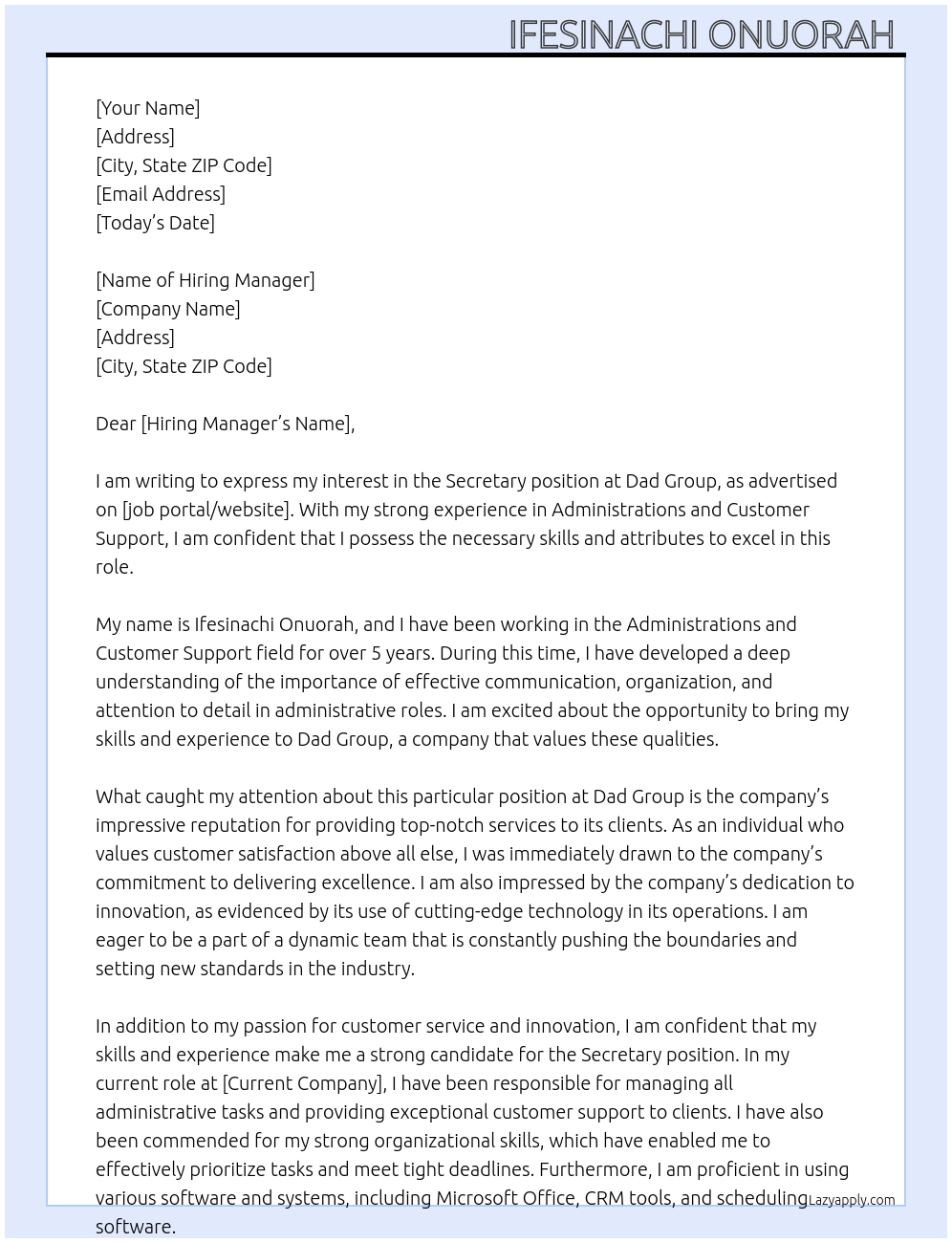 Secretary At Dad group Cover Letter