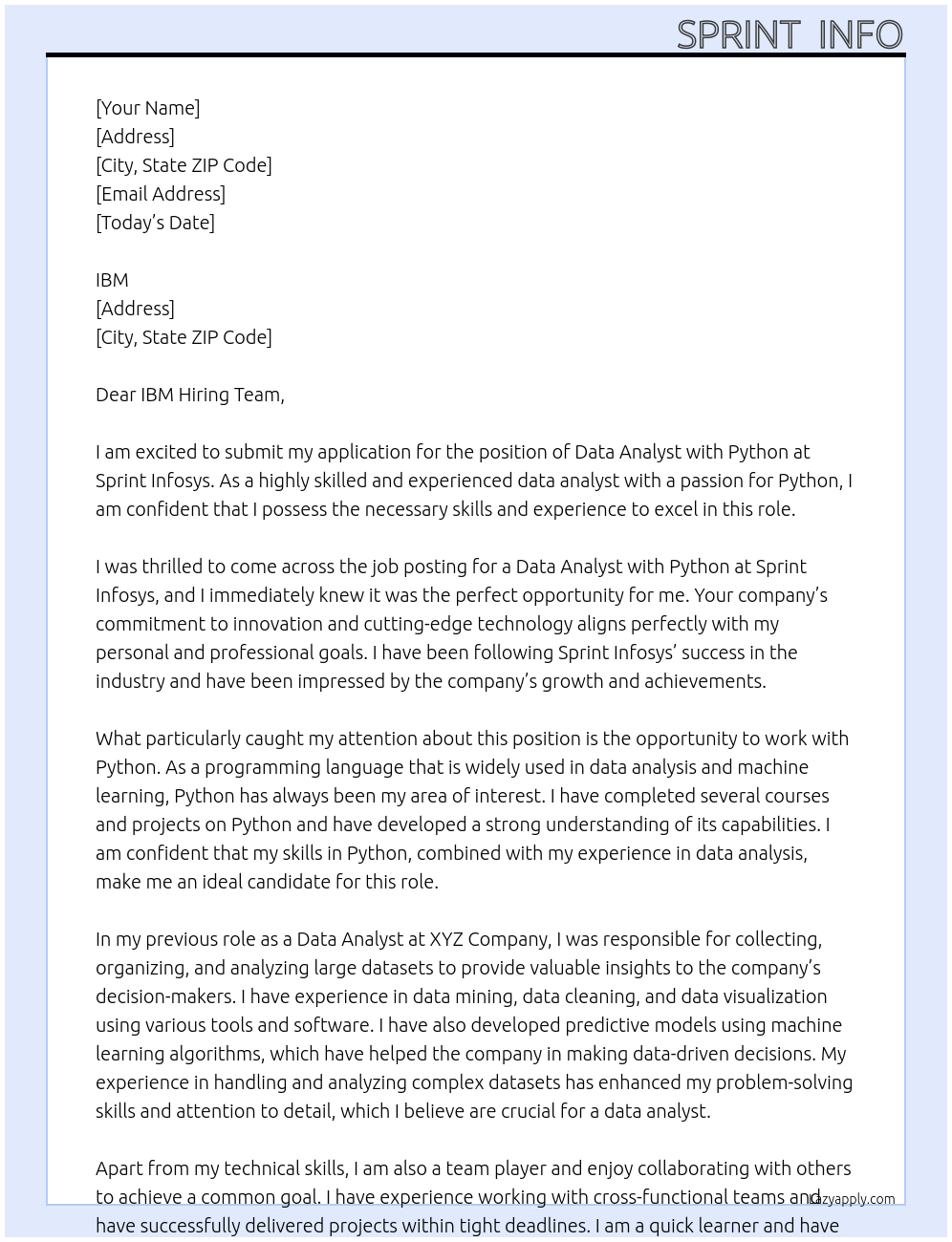 Data Analyst with Python At Sprint Infosys Cover Letter