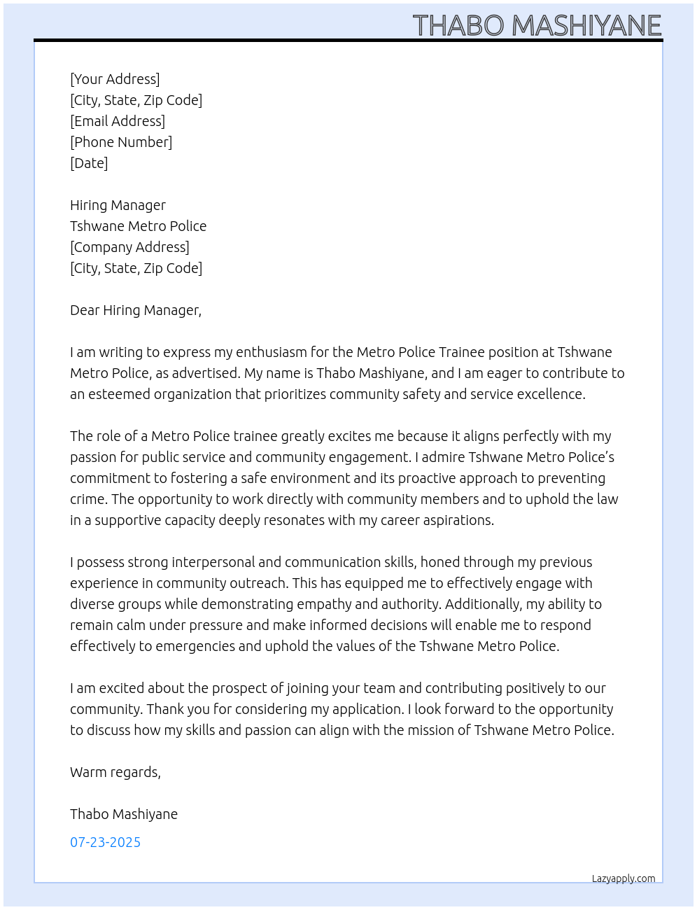 Metro police trainee At Tshwane metro police  Cover Letter