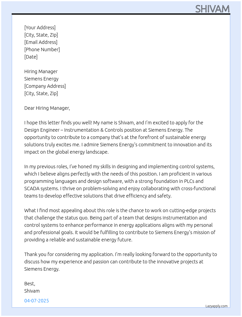 Cover letter for design engineer instrumentation & controls - LazyApply