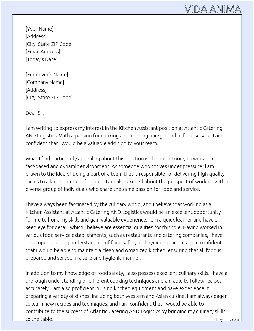 Kitchen Assistant At Atlantic Catering AND Logistics Cover Letter