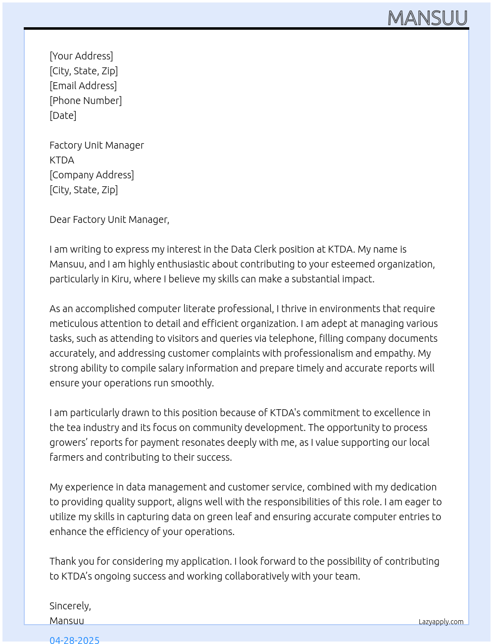 data clerk At ktda Cover Letter