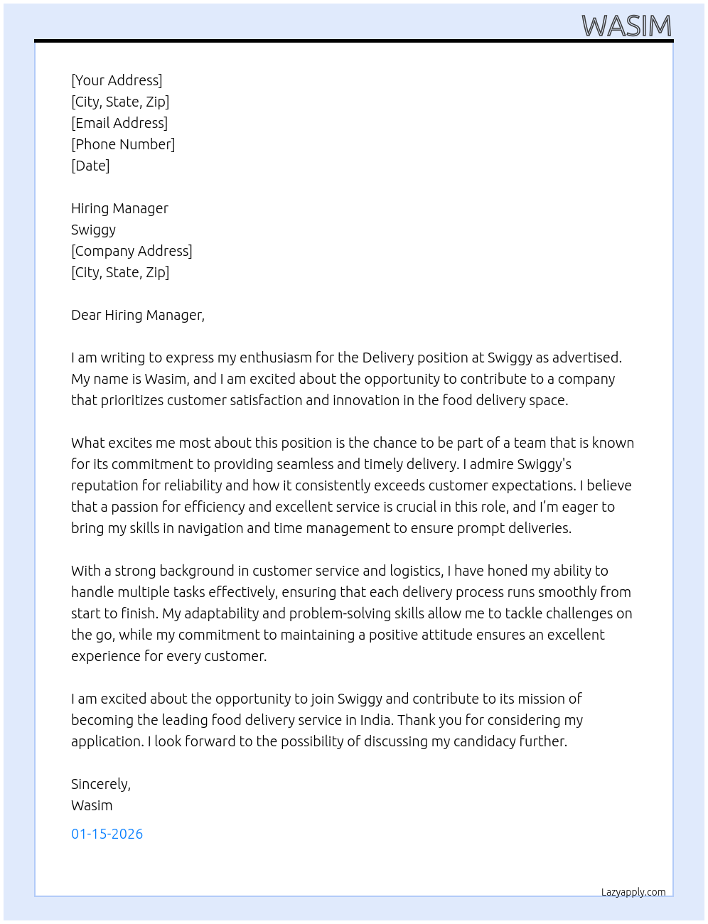 Delivery  At Swiggy  Cover Letter