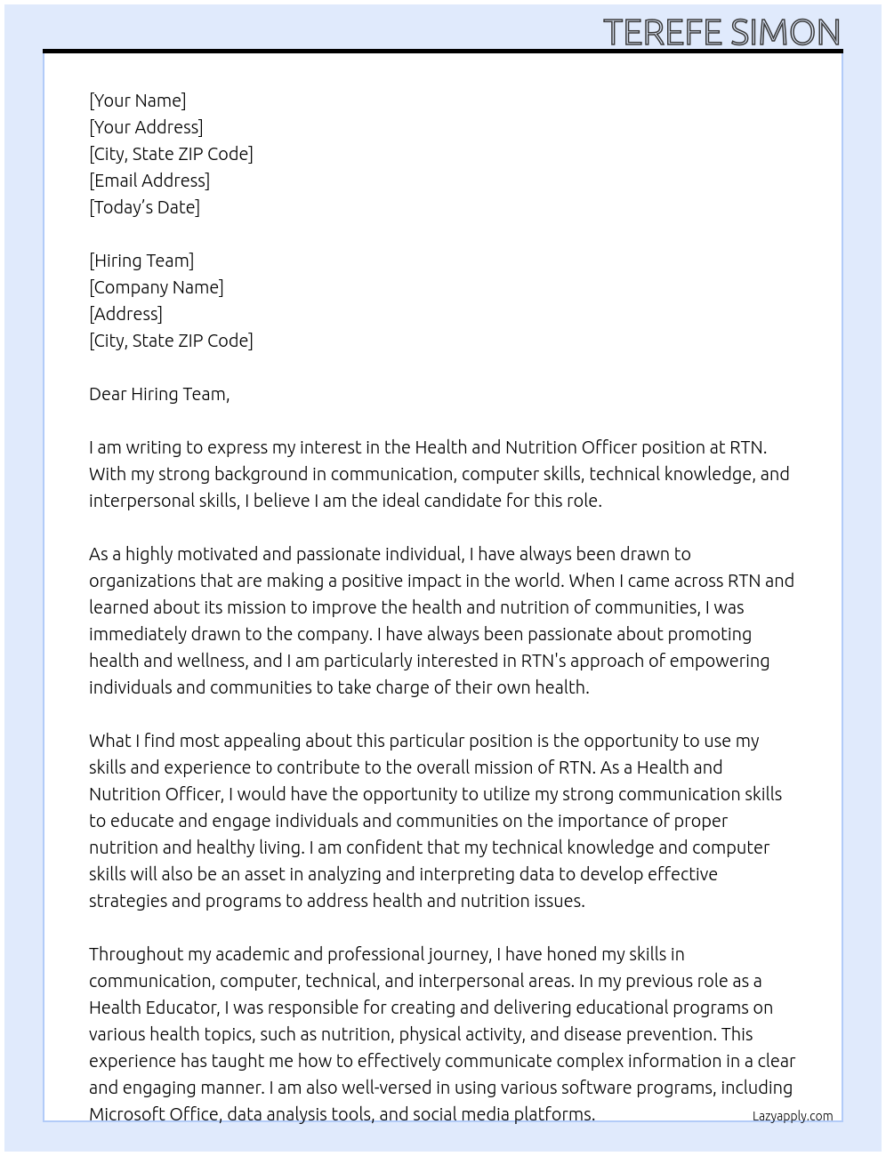 Health and Nutrition Officer At RTN Cover Letter