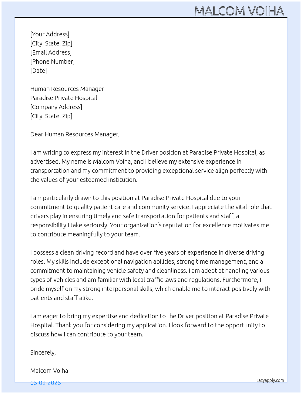 Driver position At Paradise private hospital Cover Letter