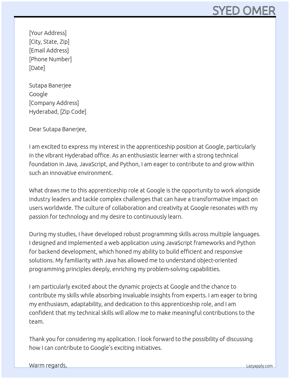 apprenticeship At google Cover Letter