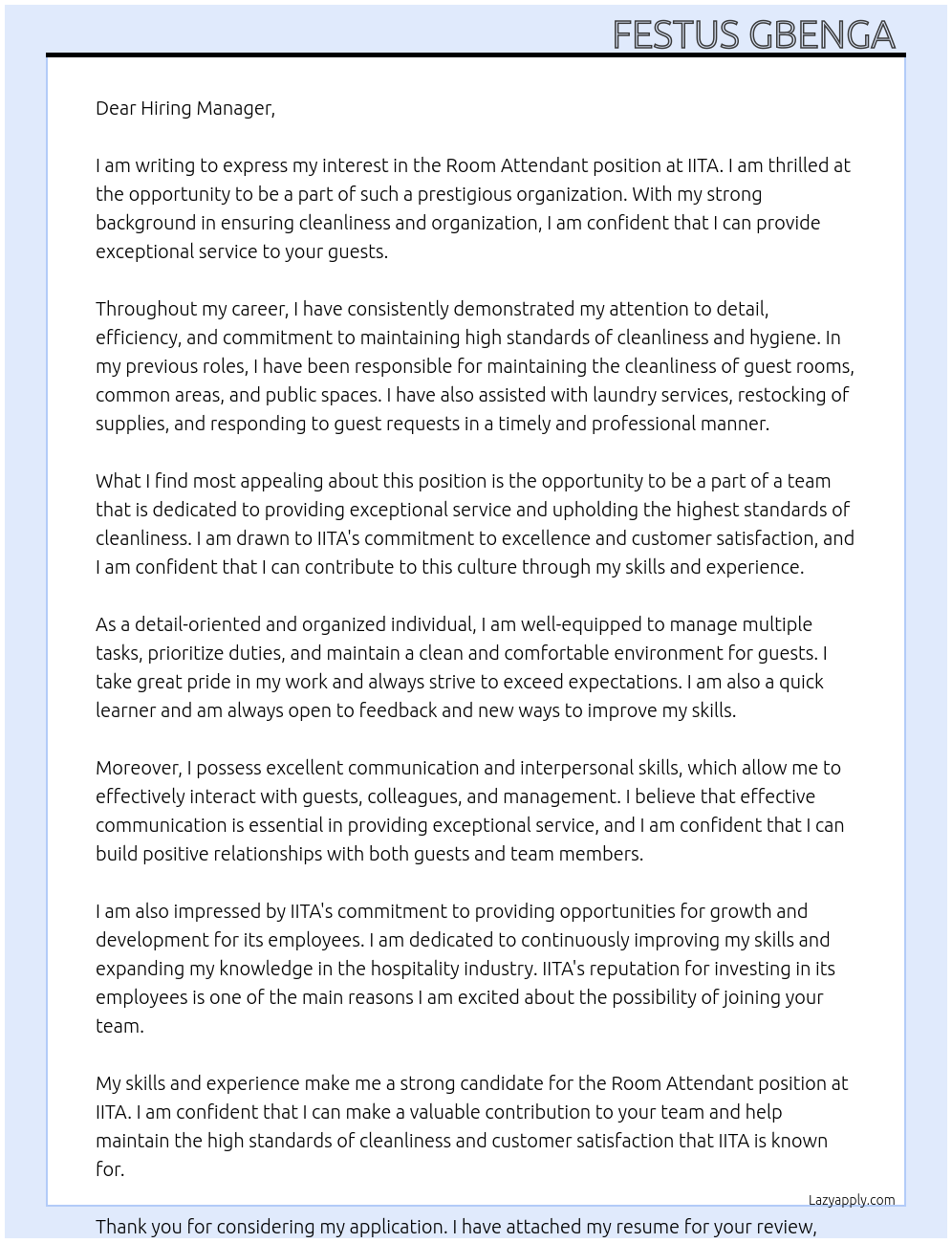 Room attendant  At IITA Cover Letter