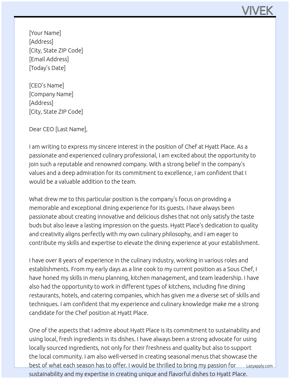 chef At Hyatt place Cover Letter