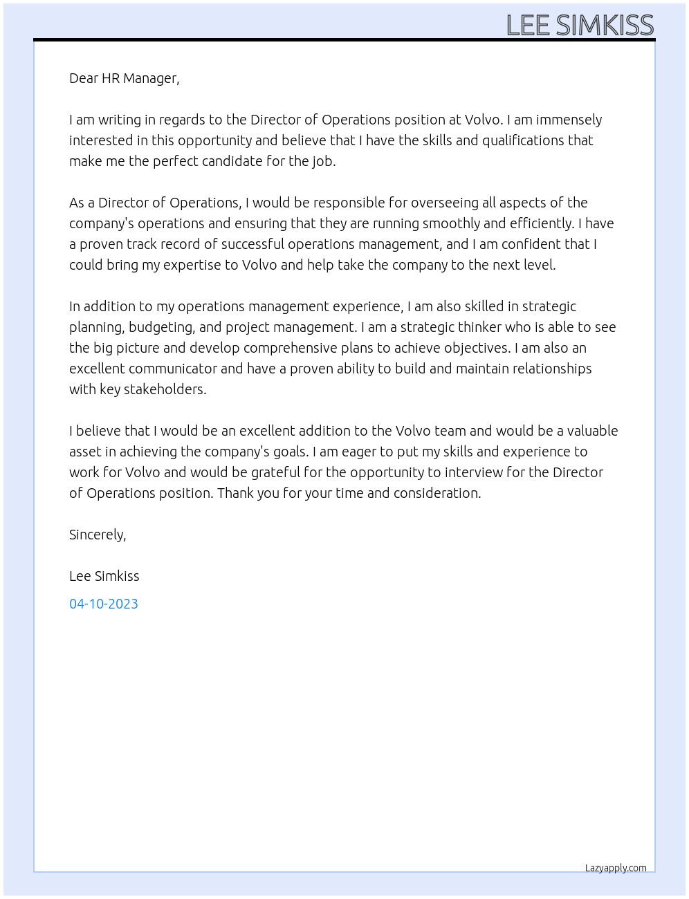 Director of operations At Volvo Cover Letter