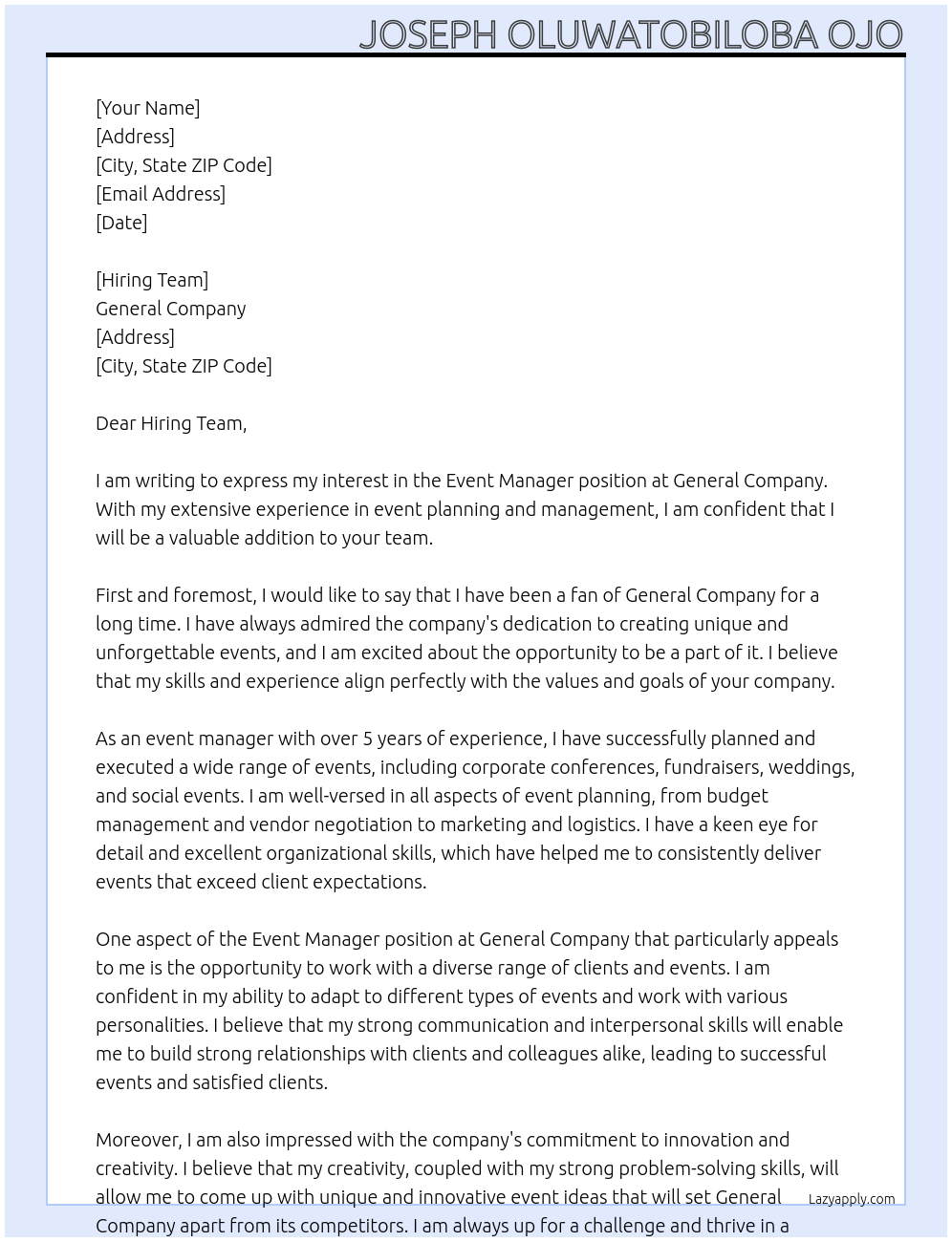 event manager At General Company Cover Letter