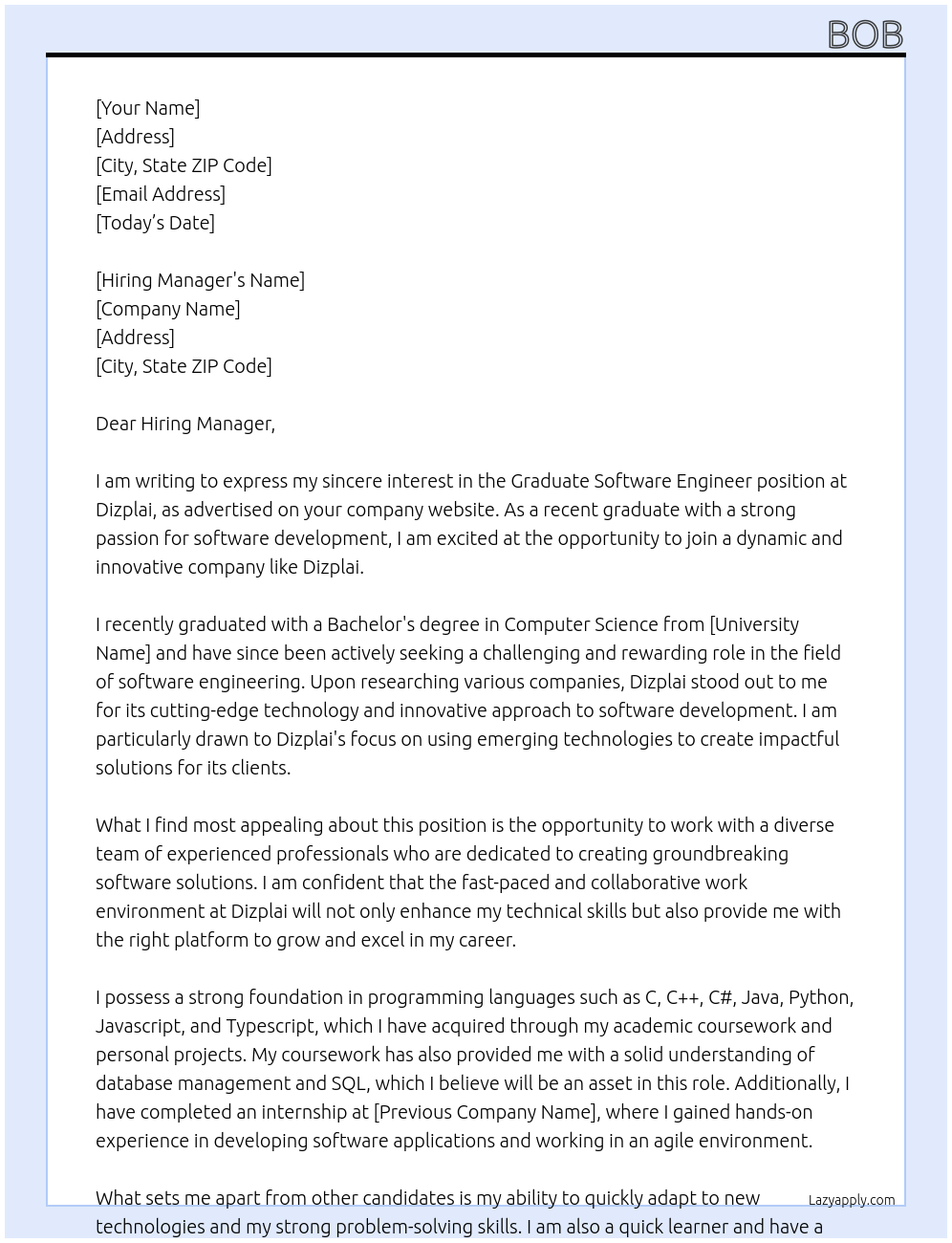 Graduate Software Engineer At Dizplai Cover Letter