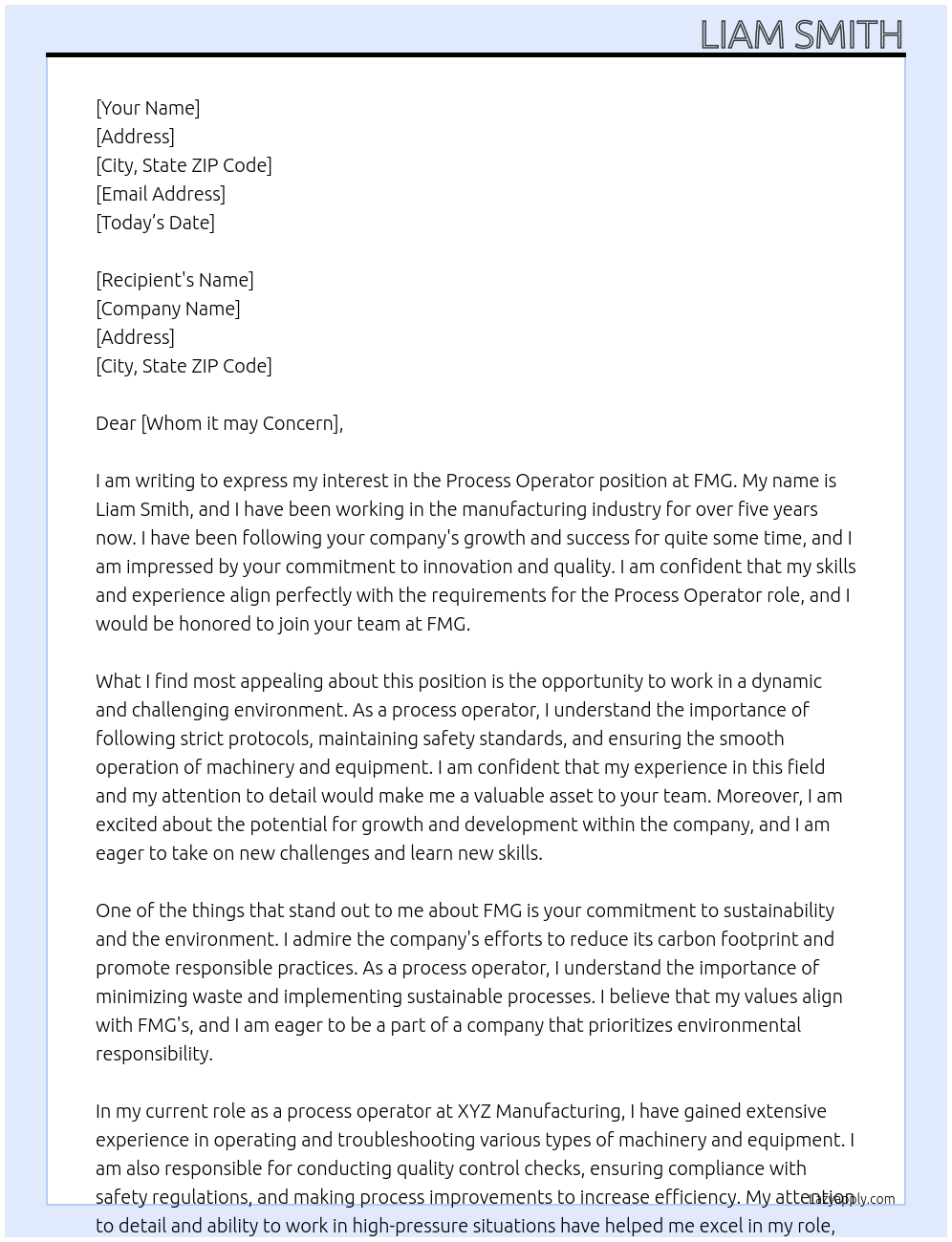 Process operator At FMG Cover Letter