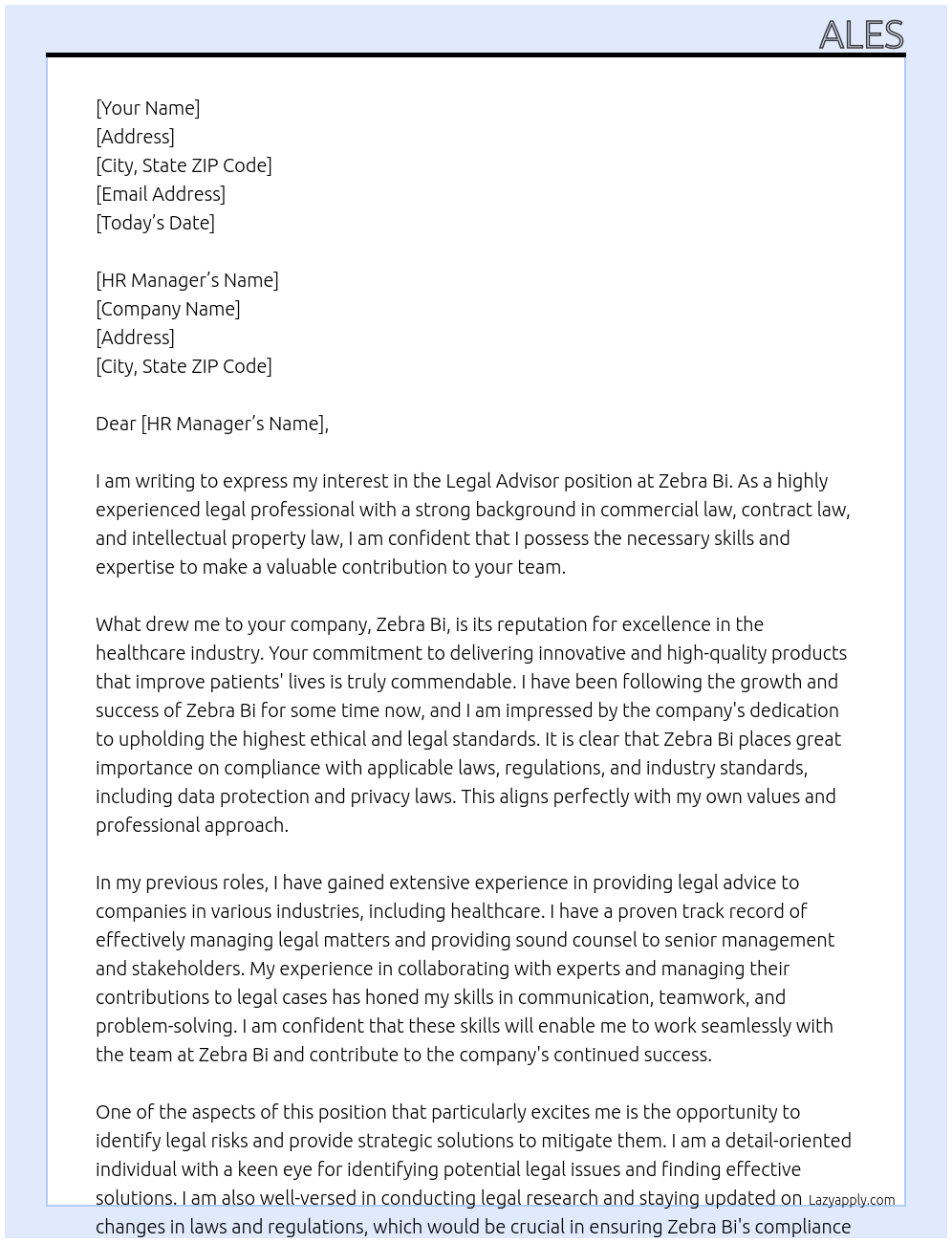legal advisor At zebra bi Cover Letter
