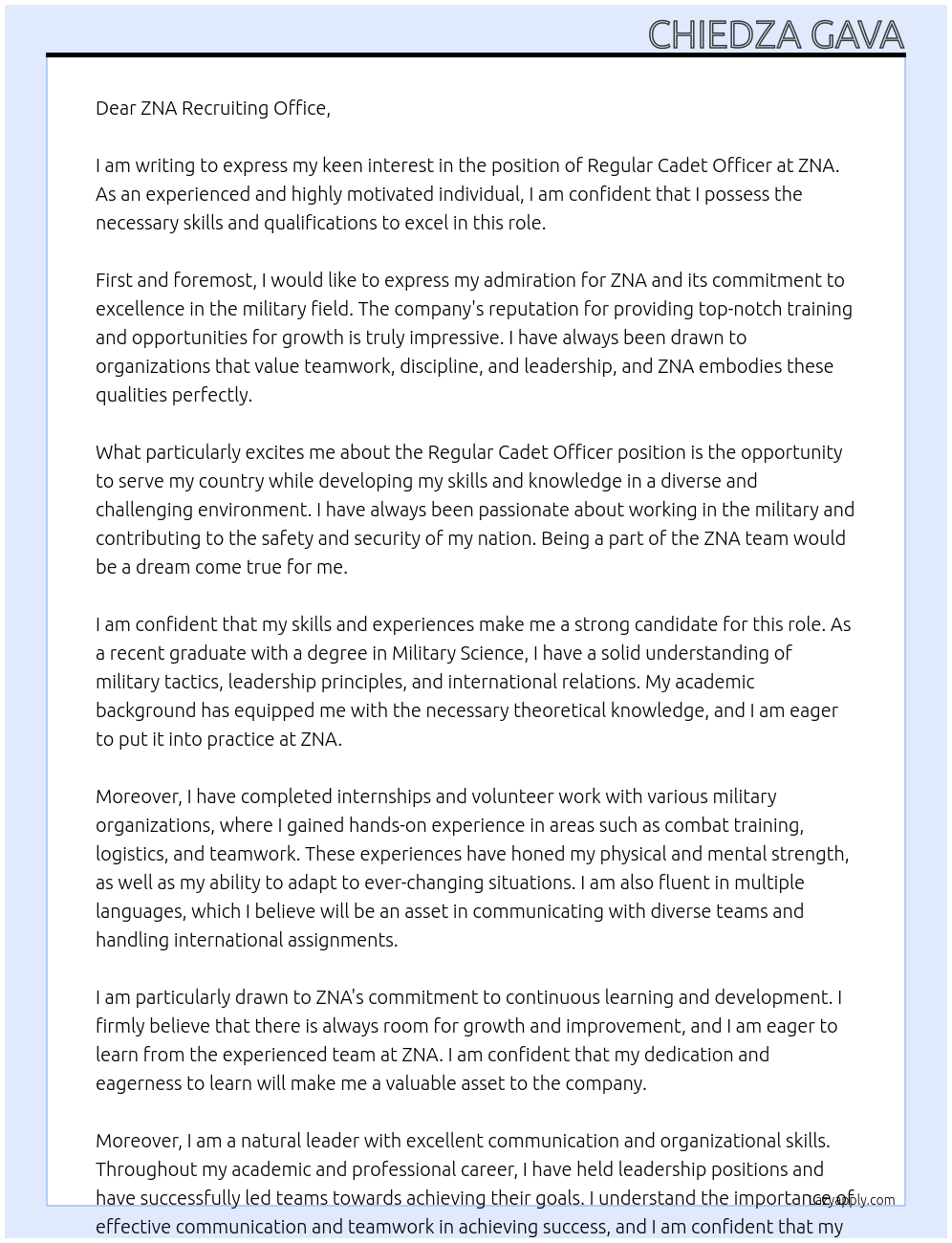 REGULAR CADET OFFICER At ZNA Cover Letter