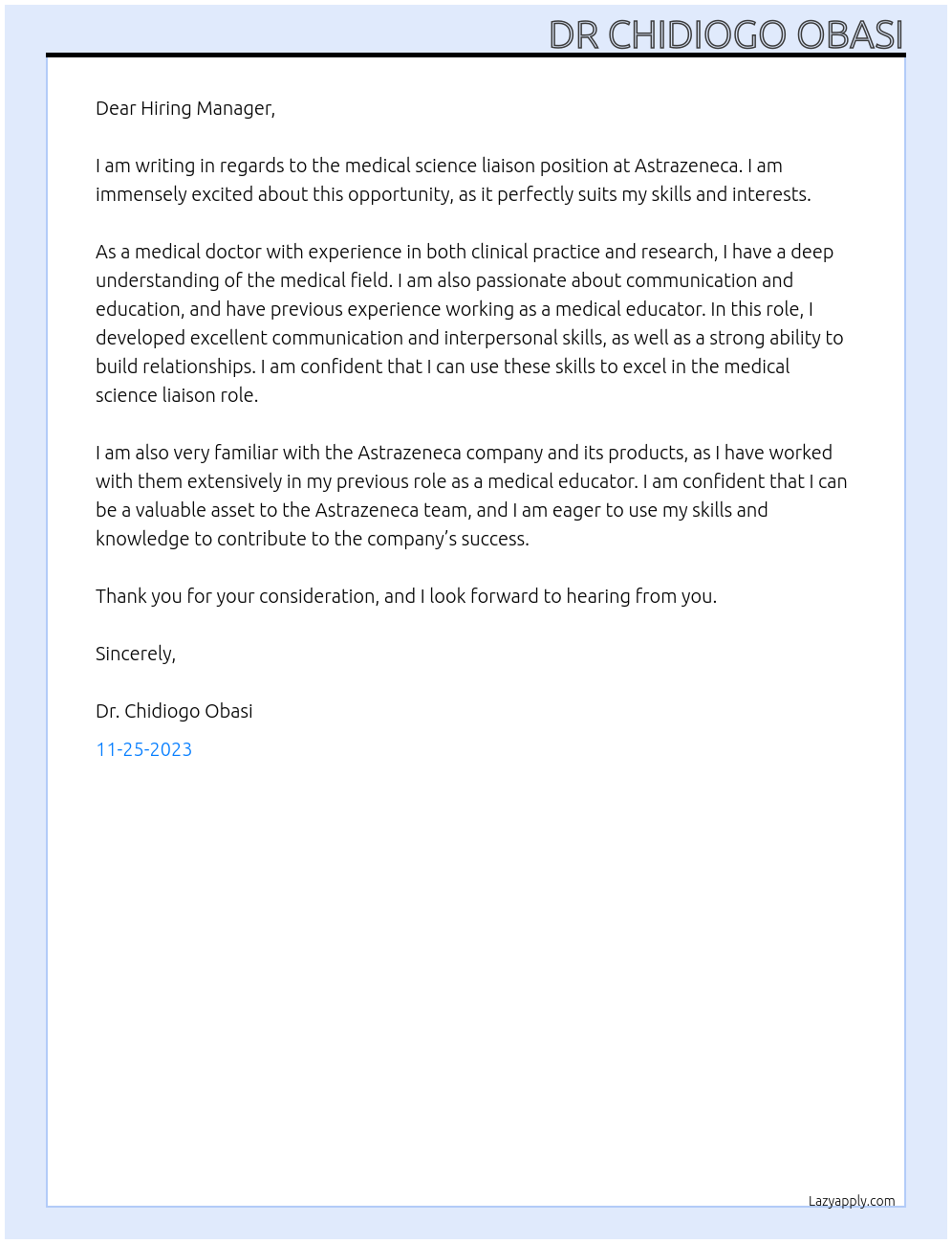 medical science liaison At Astrazeneca Cover Letter