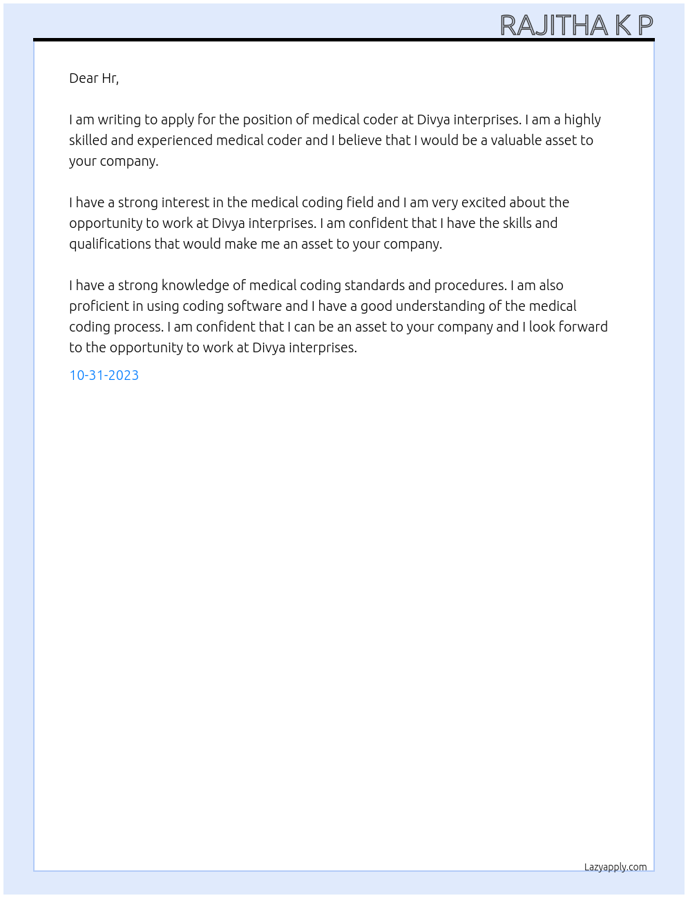 Medical coder At Divya interprises Cover Letter